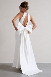 White Open-Back Maxi Dress With Oversized White Bow